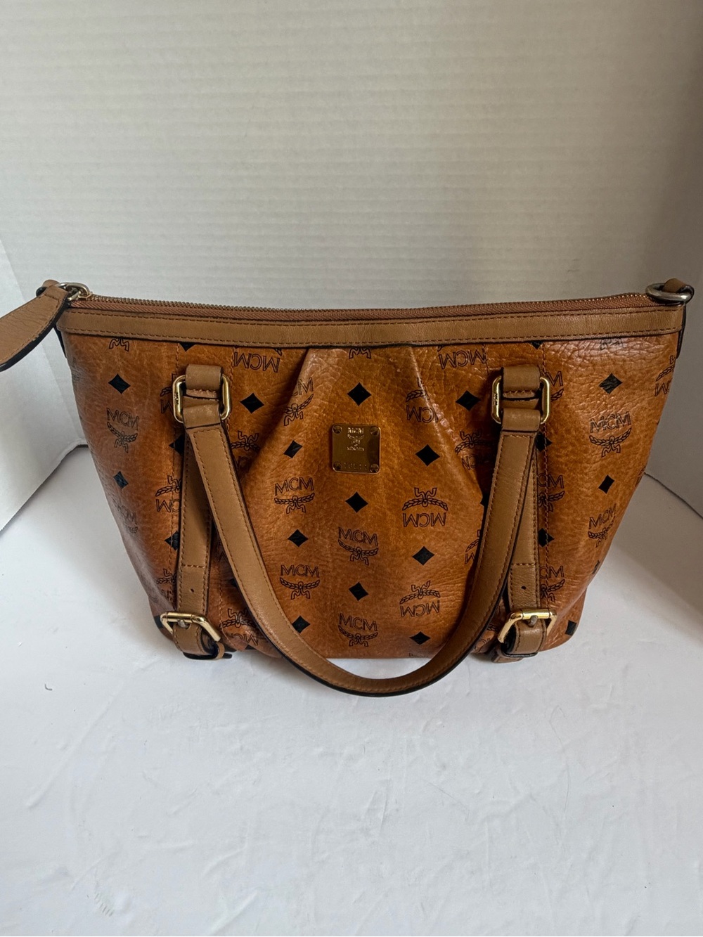 MCM Visetos Cognac Logo Shoulder Bag
